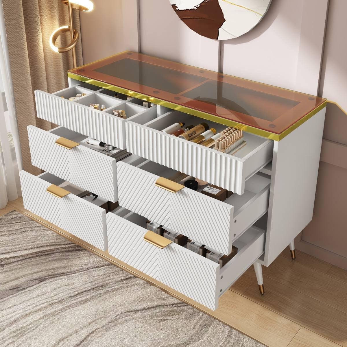 Ladekast Met Glazen Blad - Dressoir Opbergkast - Woonkamer Organiseren - Zes Lades Met Push-to-Open