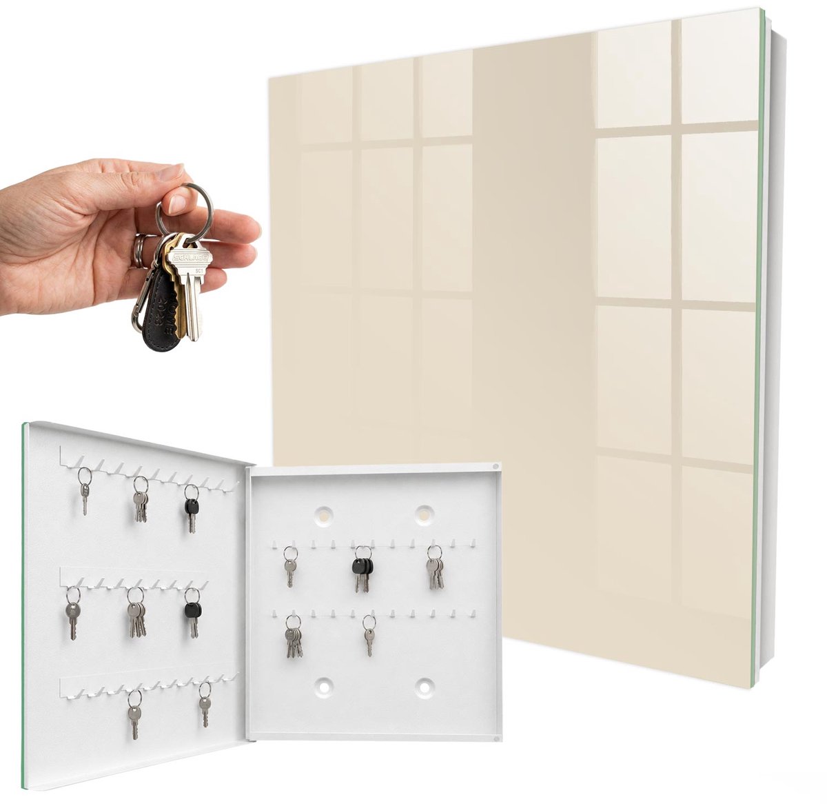 WallMuralia - Sleutelkast - 30x30x5 cm - met 50 haken - Lichte Steen Design Sleutelkastje - Romig Sleutelbox - Linksopenend - Wit interieur
