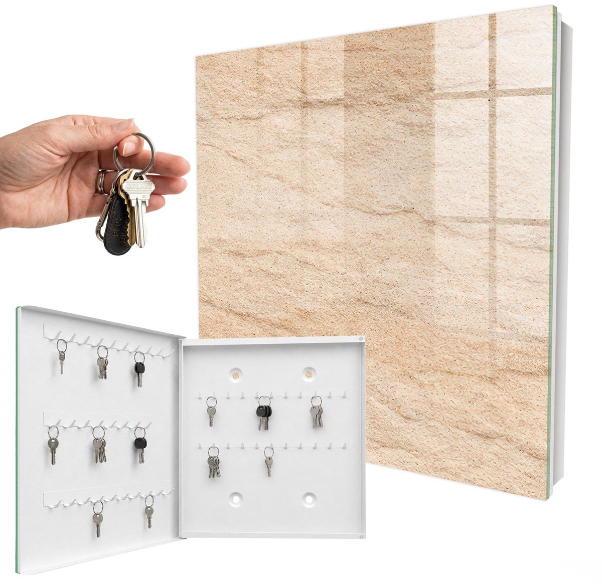 WallMuralia - Sleutelkast - 30x30x5 cm - met 50 haken - Steenstructuur Sleutelkastje Industrieel - Beige Sleutelbox - Linksopenend - Wit interieur