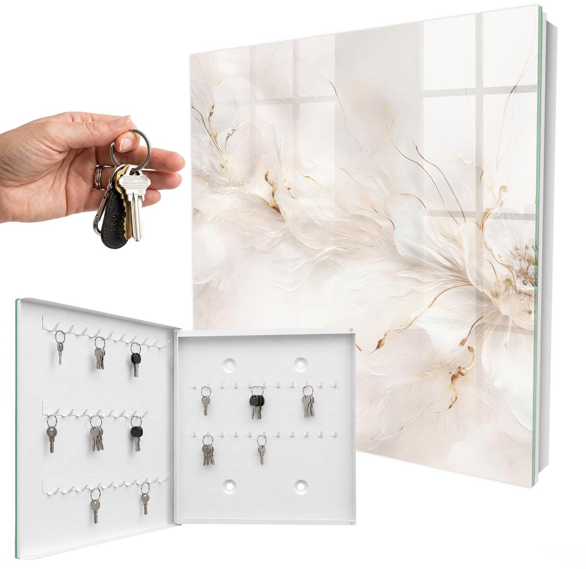 WallMuralia - Sleutelkast - 30x30x5 cm - met 50 haken - Elegante Bloem Sleutelkastje Huis - Romig Sleutelbox - Linksopenend - Wit interieur