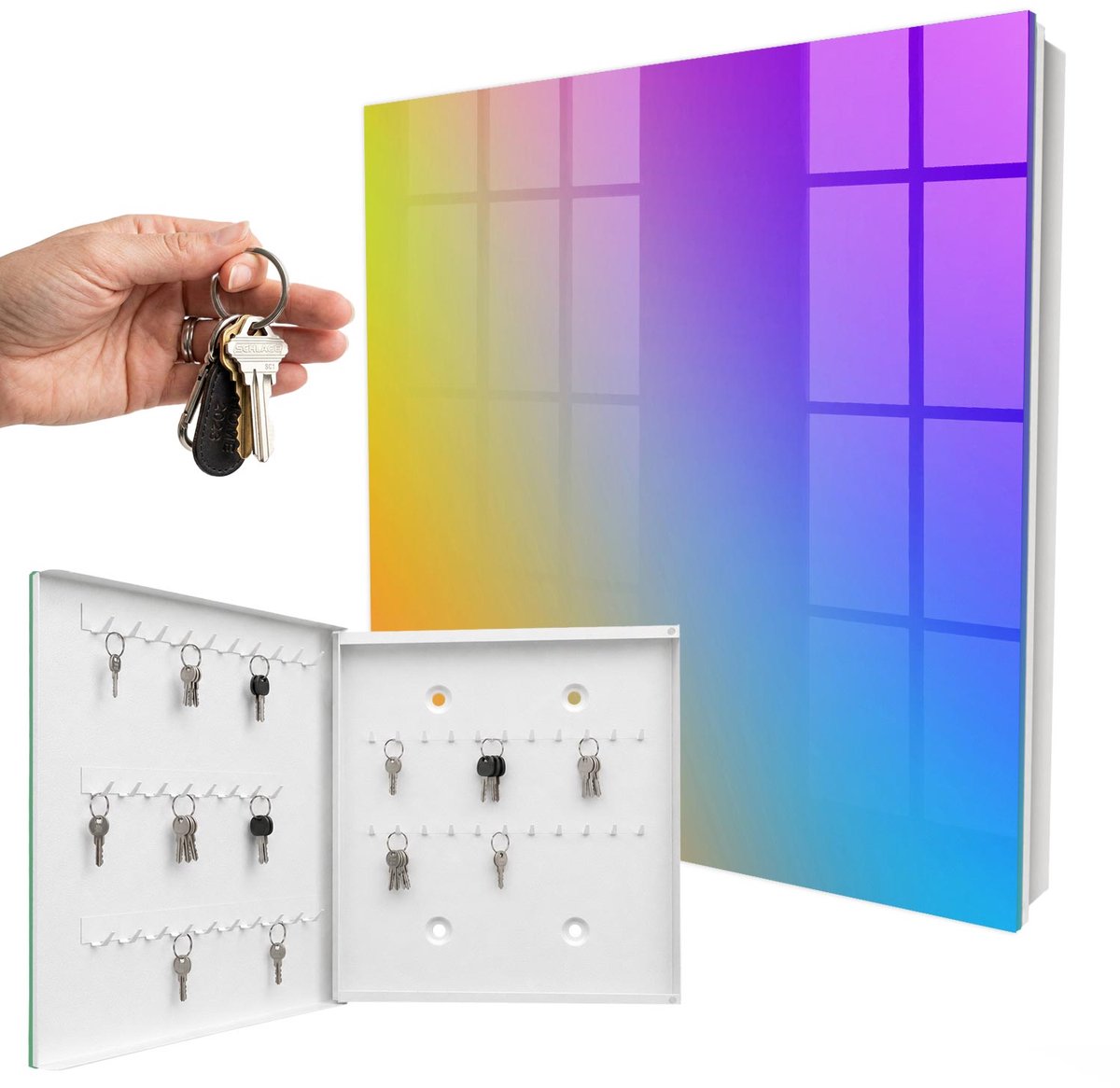 WallMuralia - Sleutelkast - 30x30x5 cm - met 50 haken - Kleurrijk Verloop Sleutelkastje Binnen - Geel Sleutelbox - Linksopenend - Wit interieur