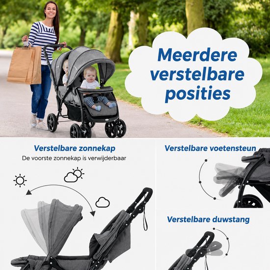 Solayne Kinderwagen - Buggy - Wandelwagen - Duo Buggy - Duo kinderwagen - Tweeling kinderwagen - Lichtgewicht - Inklapbaar - Grijs van Merkloos — afbeelding 5