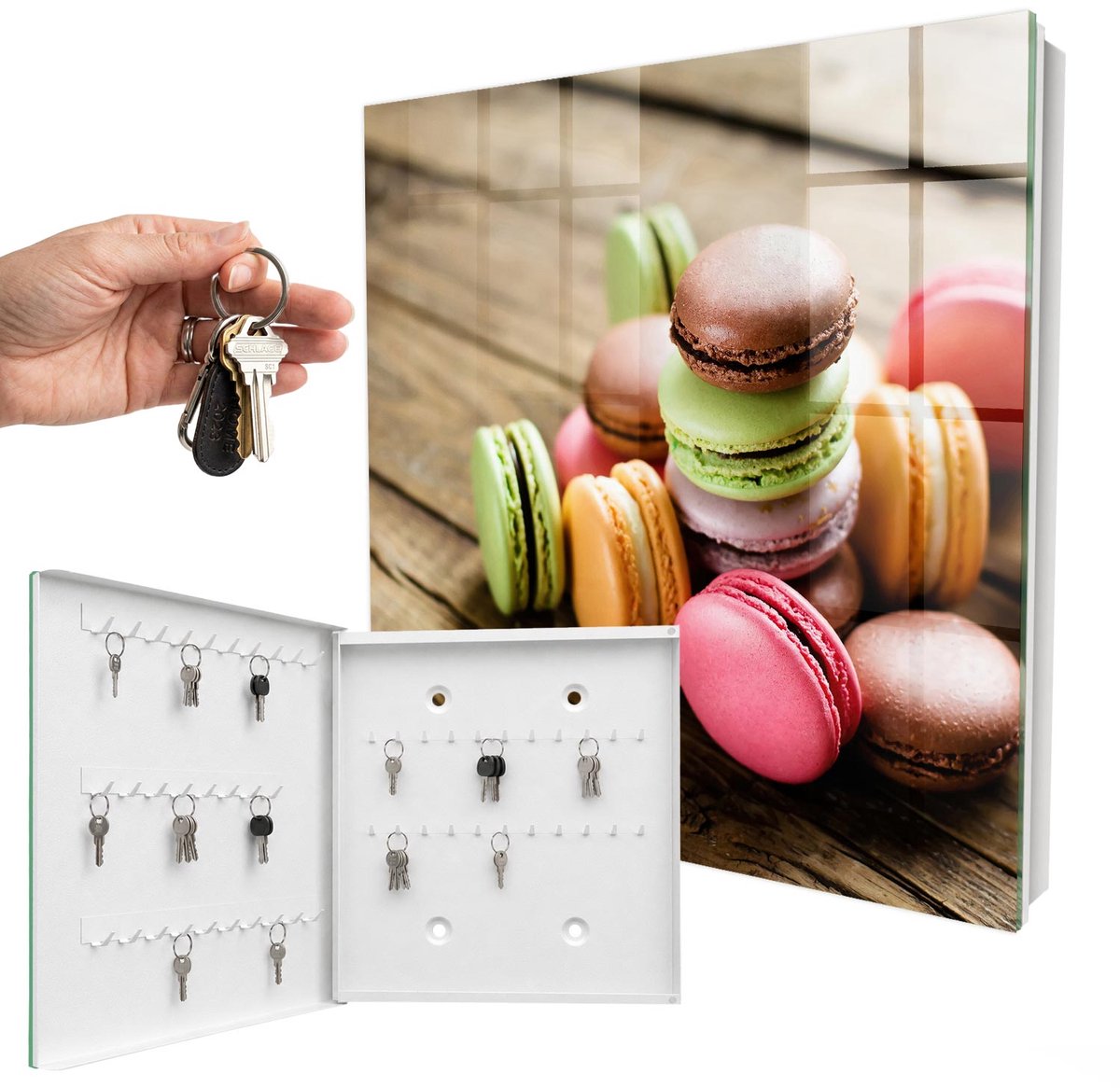 WallMuralia - Sleutelkast - 30x30x5 cm - met 50 haken - Kleurrijke Snoepjes Sleutelkastje Binnen - Roze Sleutelbox - Linksopenend - Wit interieur