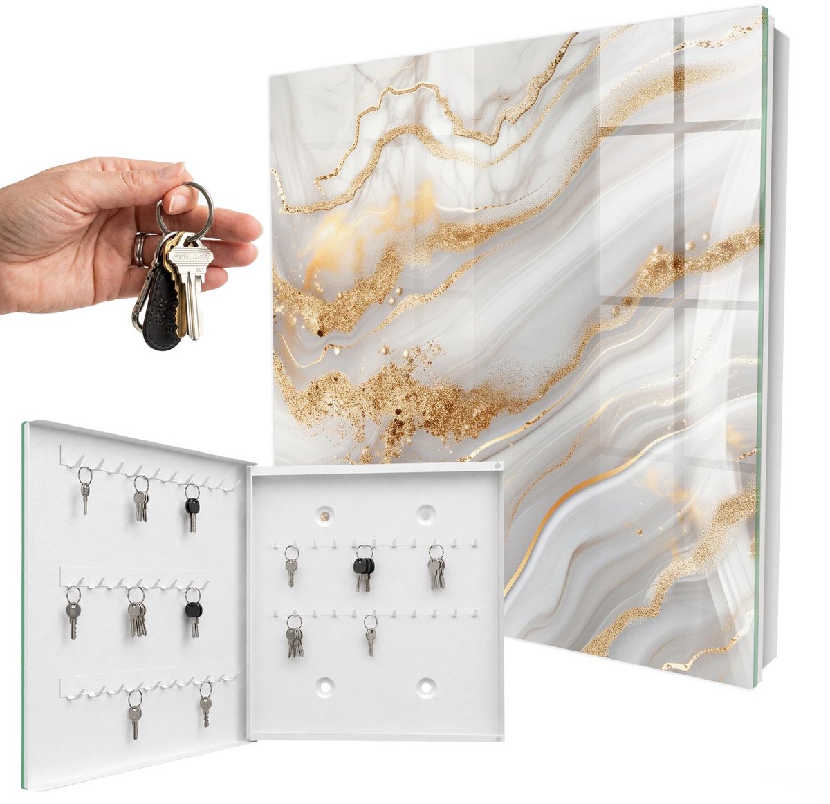 WallMuralia - Sleutelkast - 30x30x5 cm - met 50 haken - Abstracte Elegantie Sleutelkastje Design - Wit Sleutelbox - Linksopenend - Wit interieur