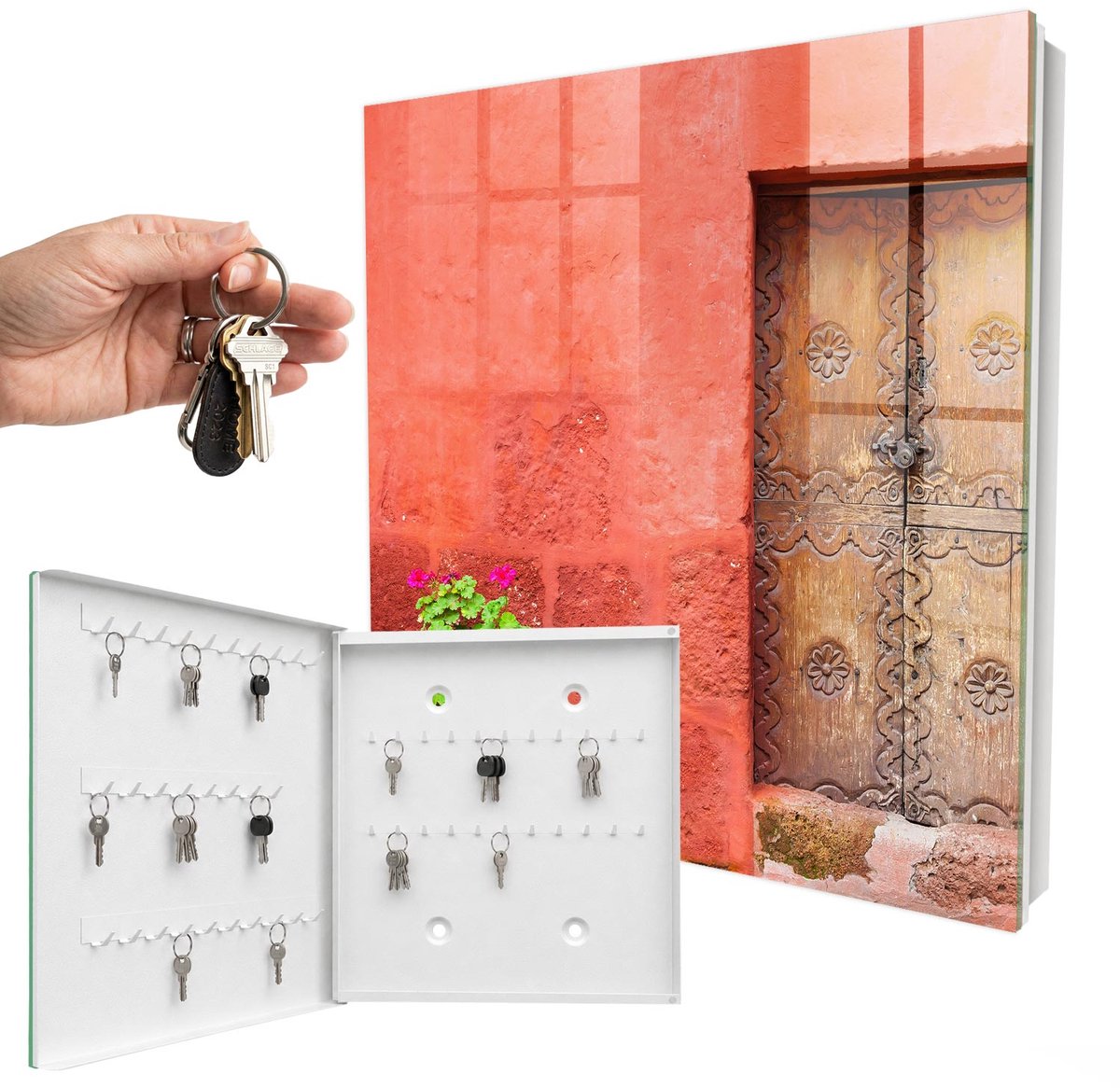 WallMuralia - Sleutelkast - 30x30x5 cm - met 50 haken - Rode Gevel Sleutelkastje Voor Binnen - Rood Sleutelbox - Linksopenend - Wit interieur