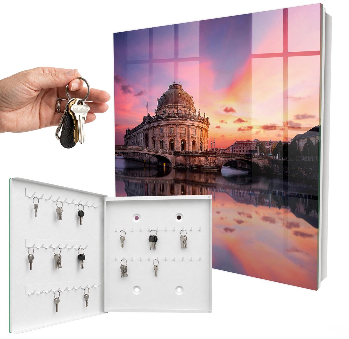 WallMuralia - Sleutelkast - 30x30x5 cm - met 50 haken - Stedelijk Westen Sleutelkastje Landelijk - Roze Sleutelbox - Linksopenend - Wit interieur