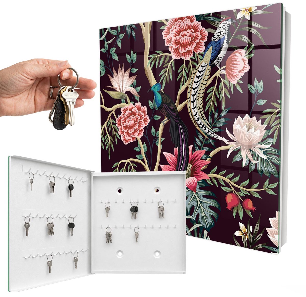 WallMuralia - Sleutelkast - 30x30x5 cm - met 50 haken - Bloemen En Vogels Sleutelkastje Voor Binnen - Roze Sleutelbox - Linksopenend - Wit interieur