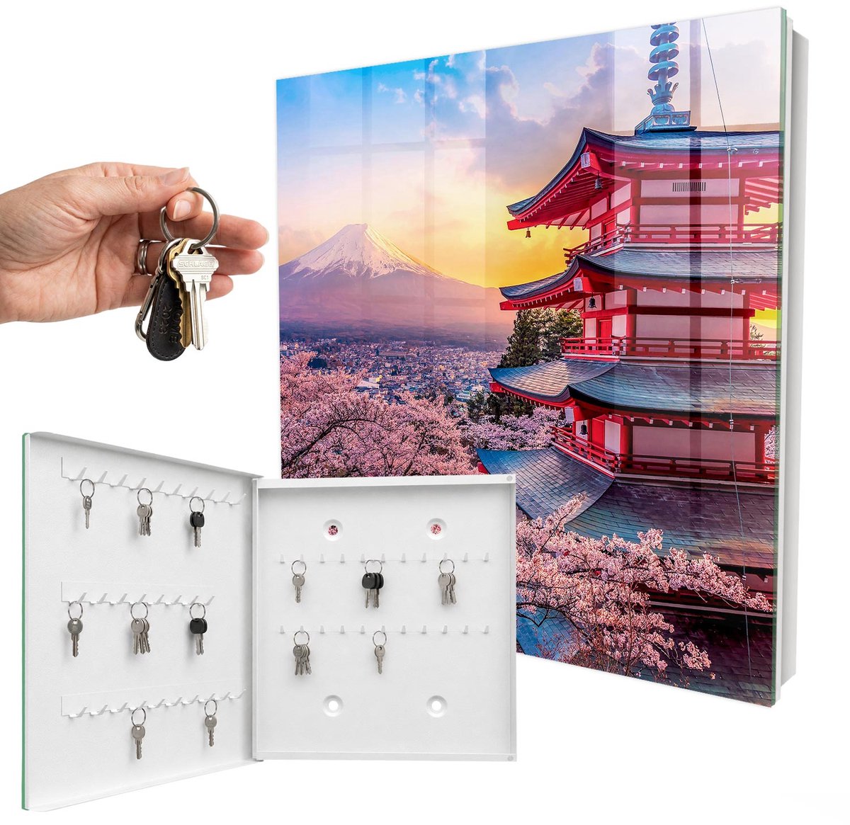 WallMuralia - Sleutelkast - 30x30x5 cm - met 50 haken - Japanse Harmonie Sleutelkastje - Roze Sleutelbox - Linksopenend - Wit interieur