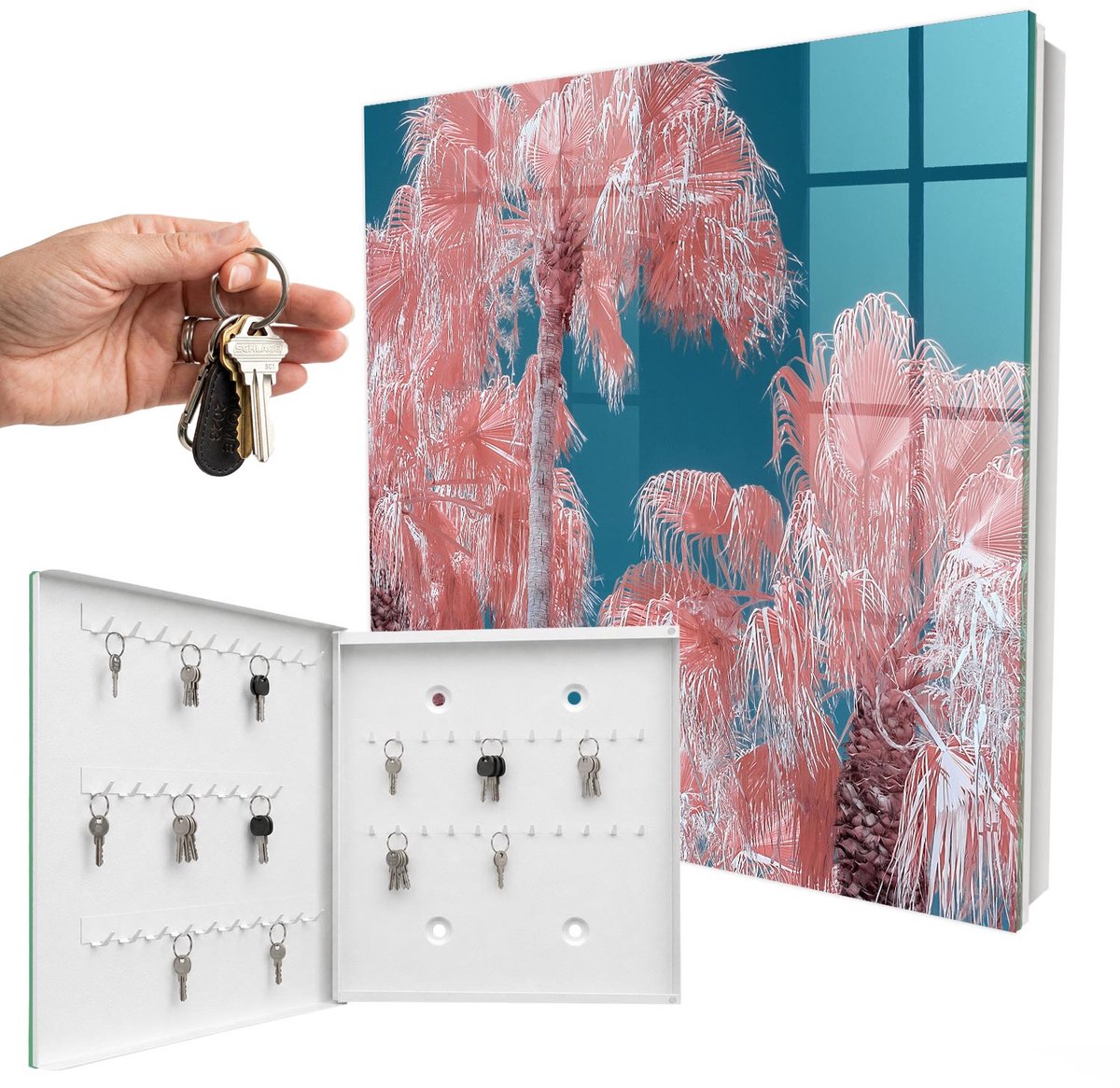 WallMuralia - Sleutelkast - 30x30x5 cm - met 50 haken - Tropische Compositie Sleutelkastje - Roze Sleutelbox - Linksopenend - Wit interieur
