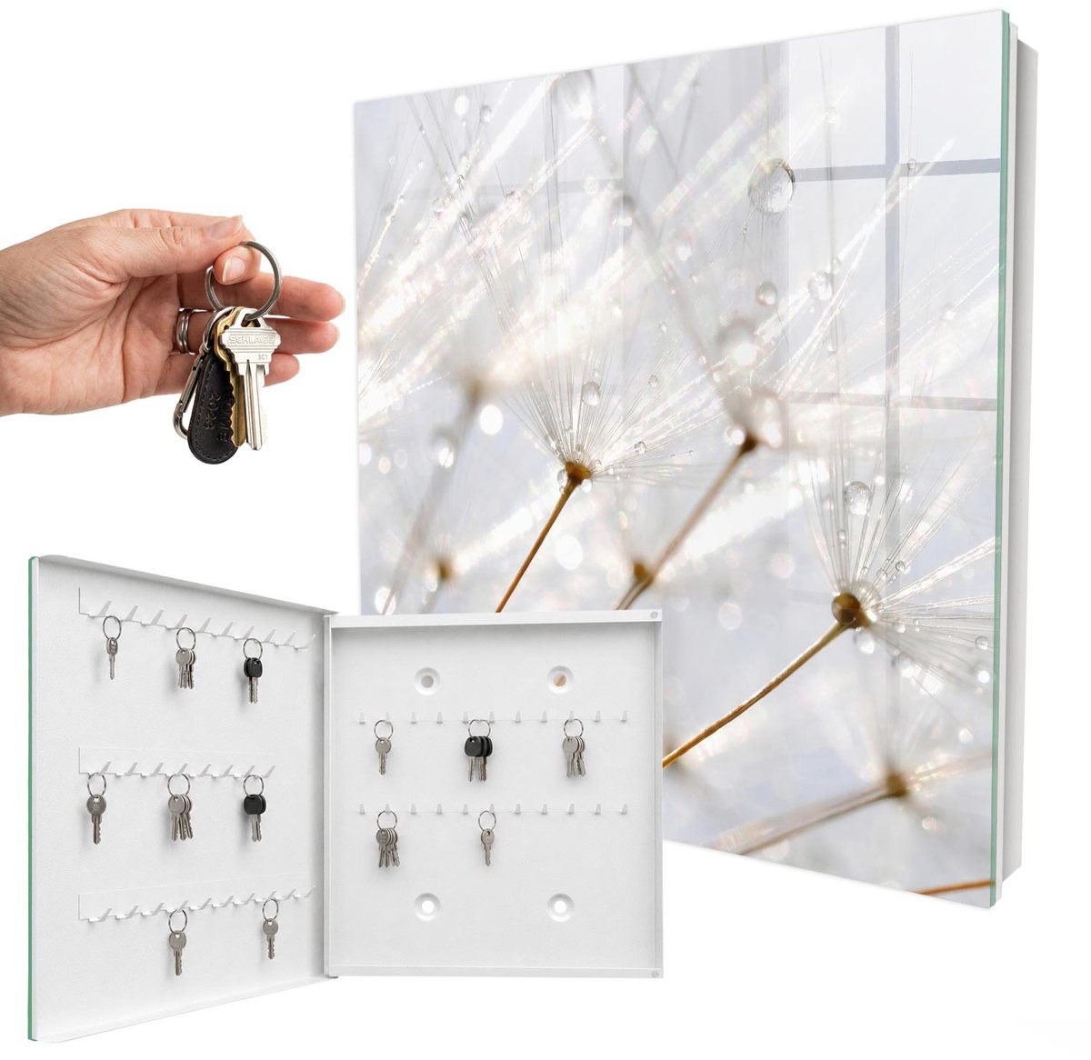 WallMuralia - Sleutelkast - 30x30x5 cm - met 50 haken - De Lichtheid Van De Natuur Sleutelkastje Gang - Wit Sleutelbox - Linksopenend - Wit interieur
