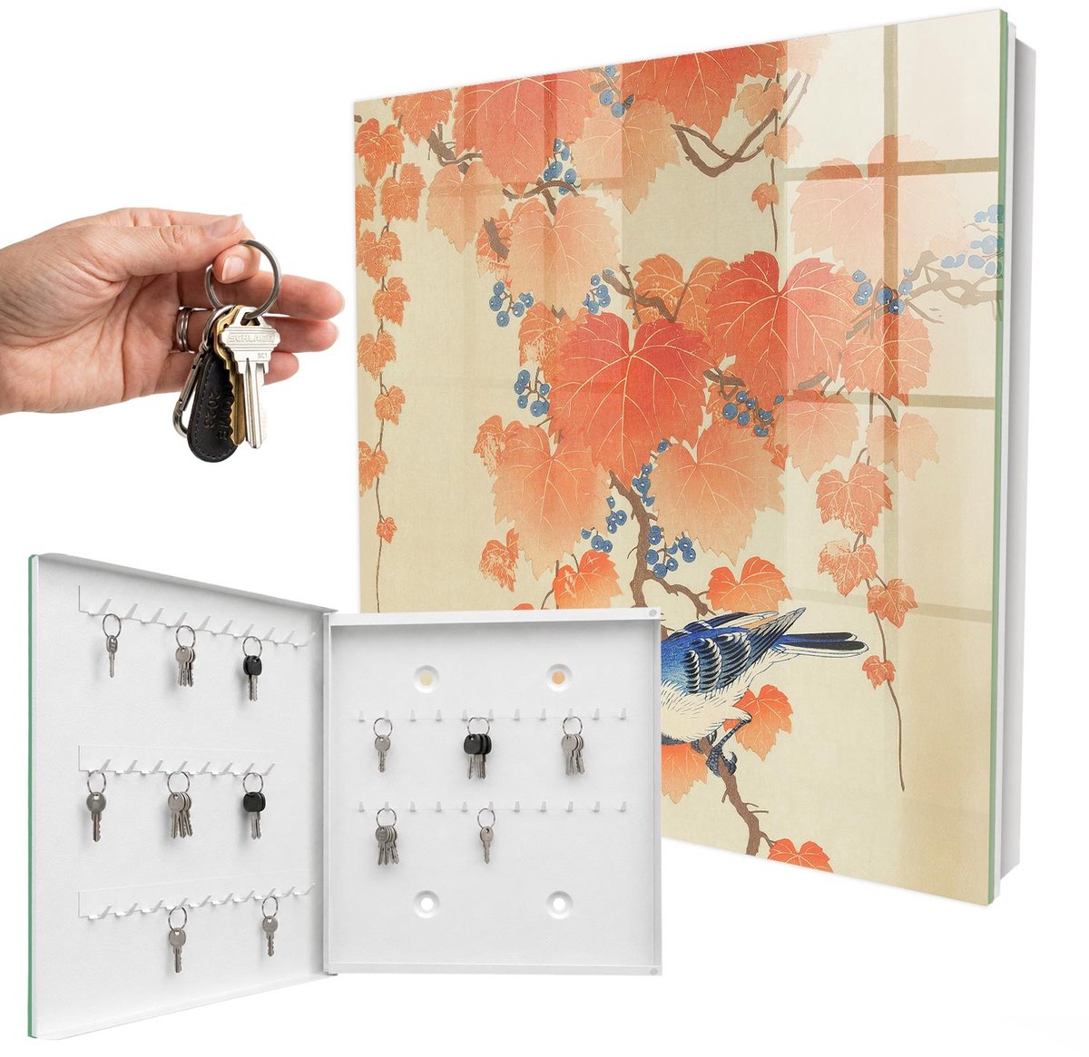 WallMuralia - Sleutelkast - 30x30x5 cm - met 50 haken - Vogel En Bladeren Leuk Sleutelkastje - Oranje Sleutelbox - Linksopenend - Wit interieur