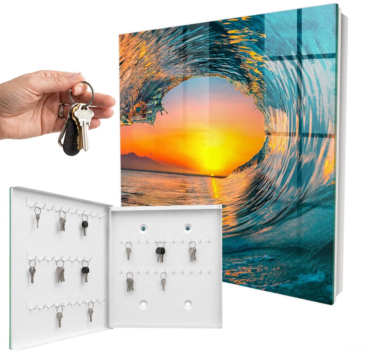 WallMuralia - Sleutelkast - 30x30x5 cm - met 50 haken - West Wave Sleutelkastje Industrieel - Turkoois Sleutelbox - Linksopenend - Wit interieur