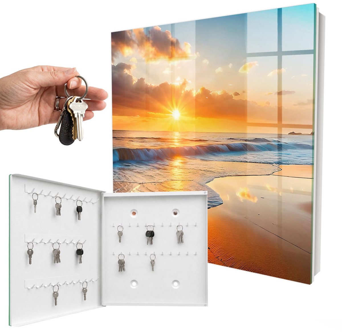 WallMuralia - Sleutelkast - 30x30x5 cm - met 50 haken - Zonsondergang Boven De Oceaan Sleutelkastje Modern - Oranje Sleutelbox - Linksopenend - Wit interieur