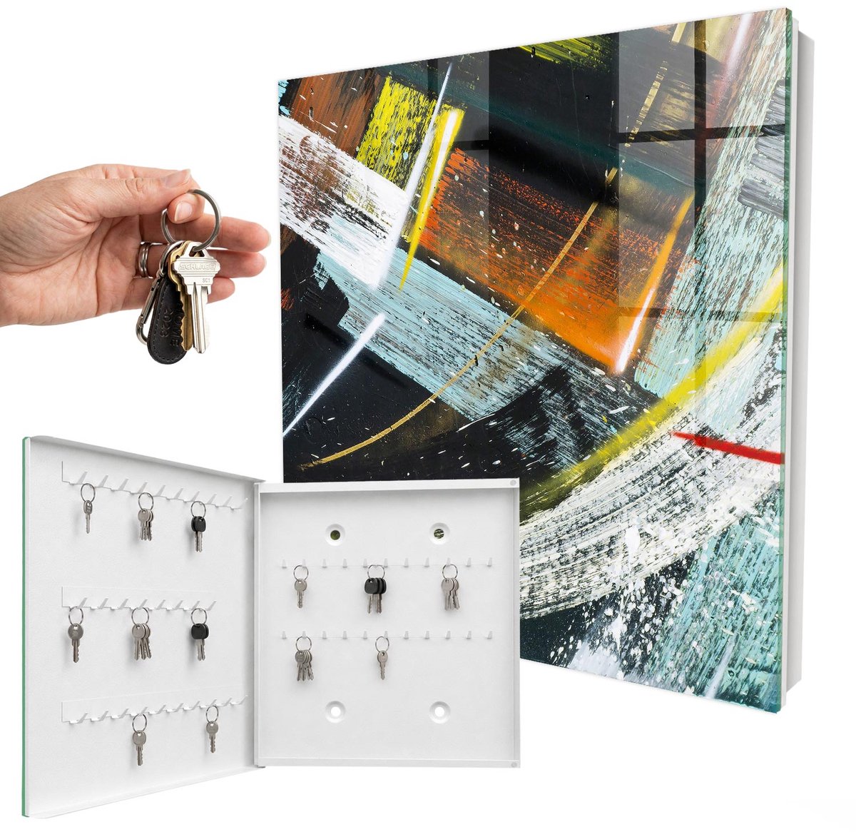 WallMuralia - Sleutelkast - 30x30x5 cm - met 50 haken - Kleurrijke Werveling Design Sleutelkastje - Zwart Sleutelbox - Linksopenend - Wit interieur