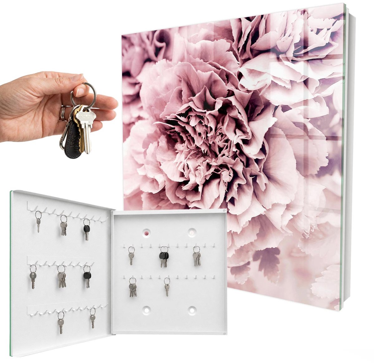 WallMuralia - Sleutelkast - 30x30x5 cm - met 50 haken - Roze Bloem Sleutelkastje Industrieel - Roze Sleutelbox - Linksopenend - Wit interieur