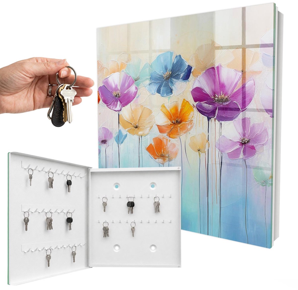 WallMuralia - Sleutelkast - 30x30x5 cm - met 50 haken - Kleurrijke Bloemen Leuk Sleutelkastje - Paars Sleutelbox - Linksopenend - Wit interieur