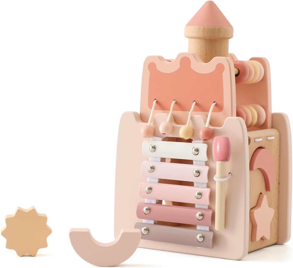 Montessori Motor Cube Houten Speelgoed voor Baby's vanaf 1 Jaar - 5 in 1 Bijtspeelgoed (Roze)