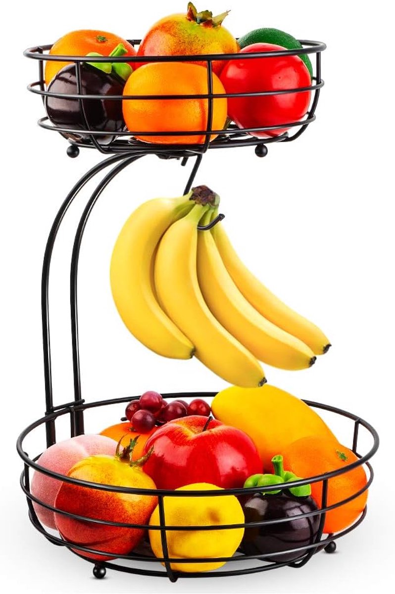 warte 2-laags Fruit- & Groentemand met Bananenhouder - 1.9L - voor Keukenaanrecht - Zwart - 1 Stuk