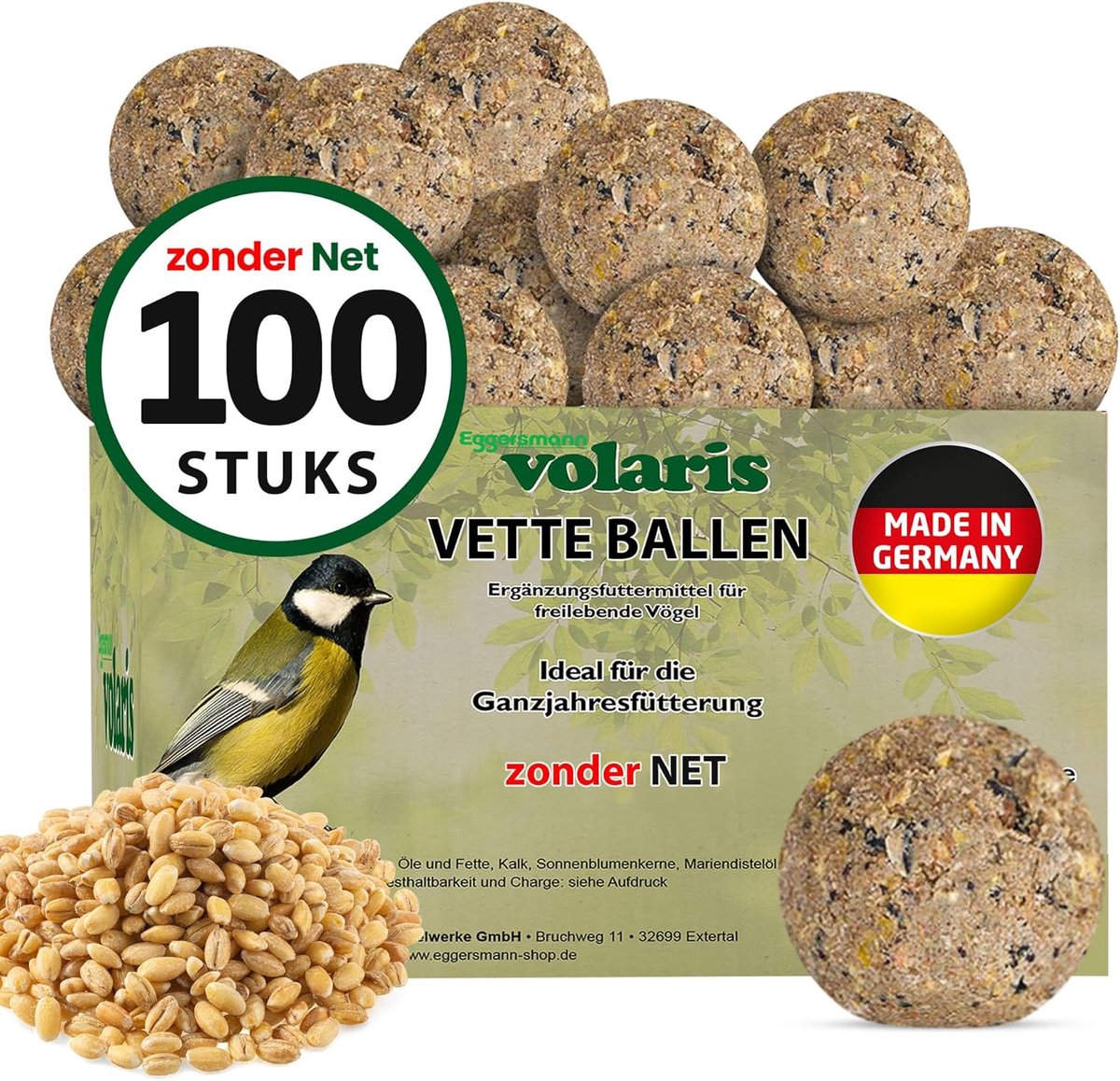 SnelShoppen - 100 Stuks Mezenbollen Zonder Net, 9 kg Voedzame Vogelbollen voor Alle Wildvogels, Rijk Aan Voedstoffen, Tuin, Vogelvoeding