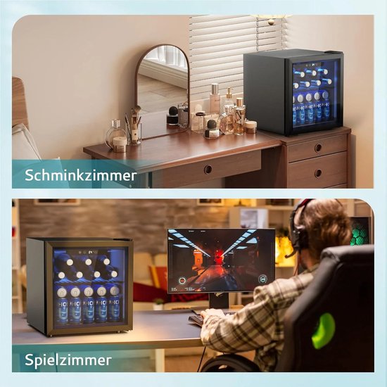 Joorly Mini Koelkast - Minibar - Drankkoelkast met glazen deur - Minibar voor 126 blikjes - met LED en temperatuurregeling - Wijn en bier koelkast - 43×41×47 cm - Zwart- RVS — afbeelding 4