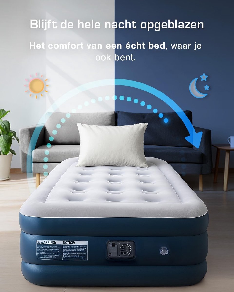 Eenpersoons luchtbed extra hoog met ingebouwde elektrische pomp en geintegreerd kussen - 187 x 99 x 36,5 cm
