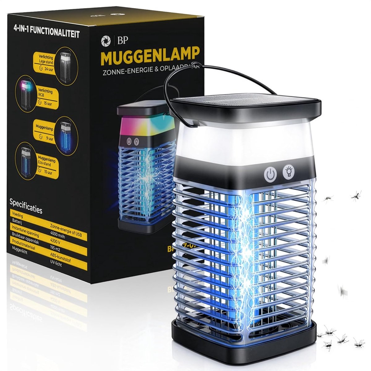 Muggenlamp 4200V - Zwart - Oplaadbaar via zonne-energie en USB-C - Effectieve insectenbestrijding - SnelShoppen