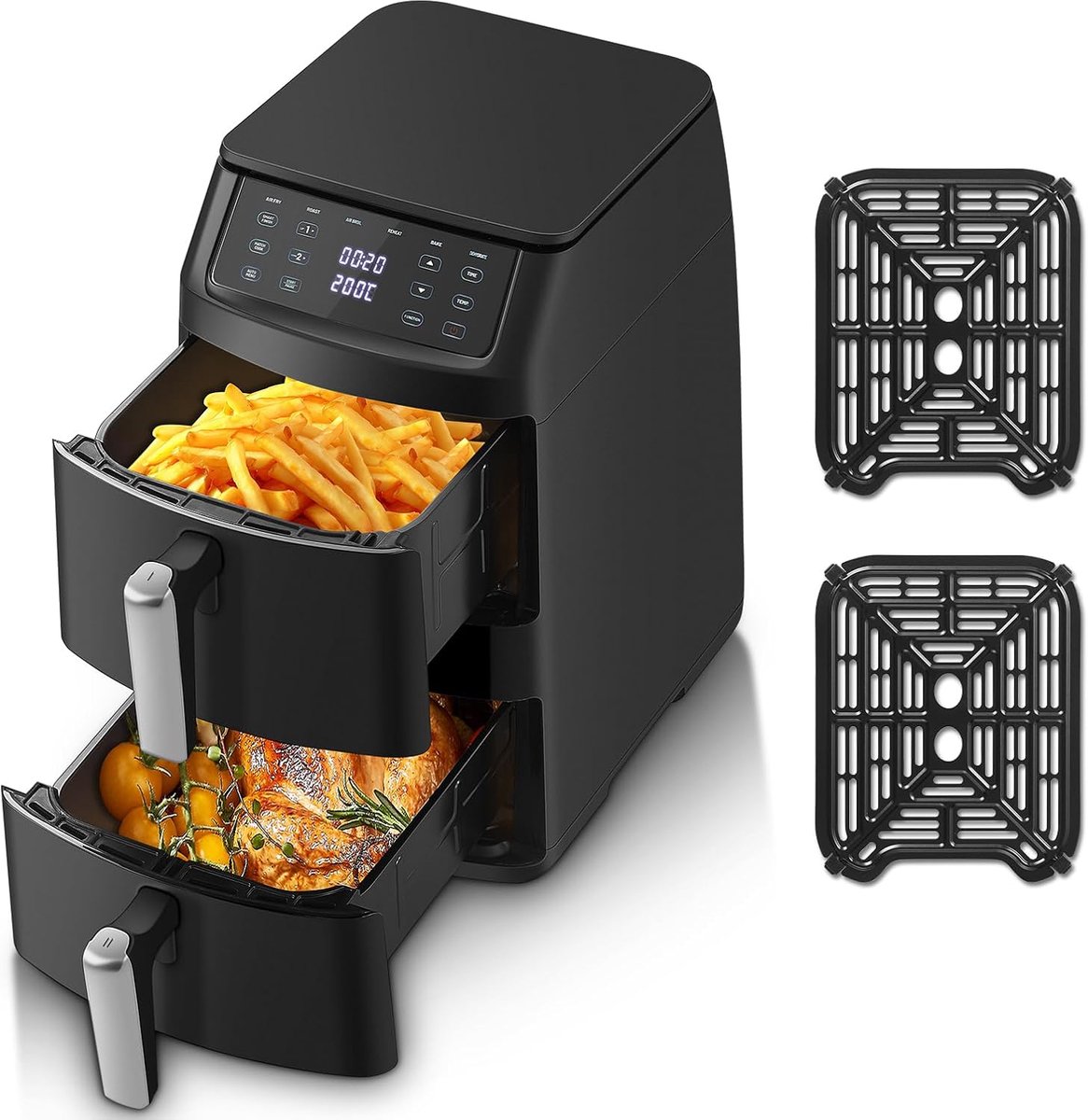 SnelShoppen - TopStrong Heteluchtfriteuse, 2 kamers, verticaal, 11 liter, dubbele stapel, ruimtebesparend ontwerp, 6 functies en 8 recepten, vaatwasse