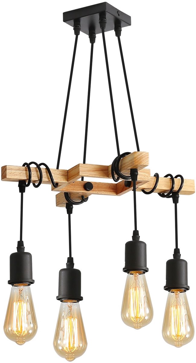 Riserva Industriële Hanglamp Hout Zwart - 4x E27 - Vintage Houten Hanglamp - Verstelbare Pendellamp voor Eettafel, Woonkamer en Keuken