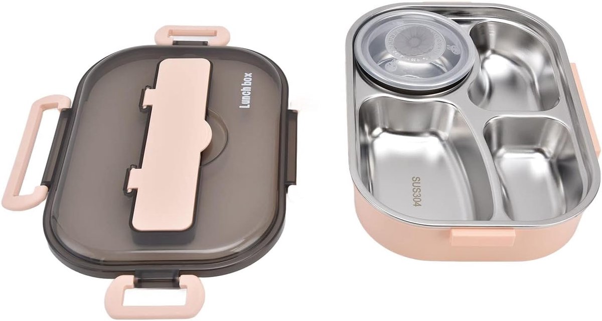 Bento lunch box vier vakken - roestvrijstaal - lekvrij en stapelbaar - ideaal voor schoollunch - ShopVlot