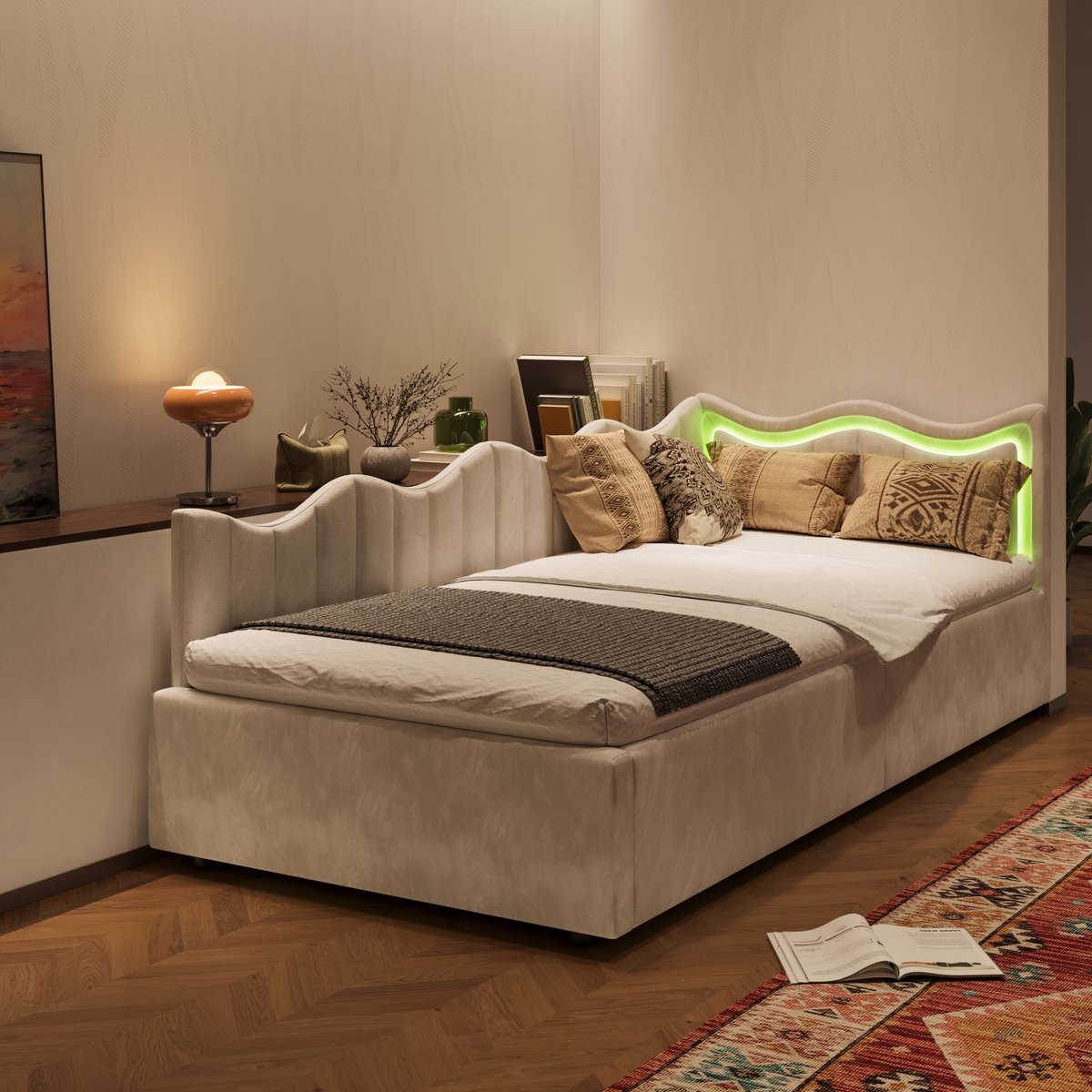 Eenpersoonsbed 90x200 cm, kinderbed met opbergruimte en led verlichting, slaapbank met gasveer en golvend hoofdbord, zachte teddy stof beige, zonder matras