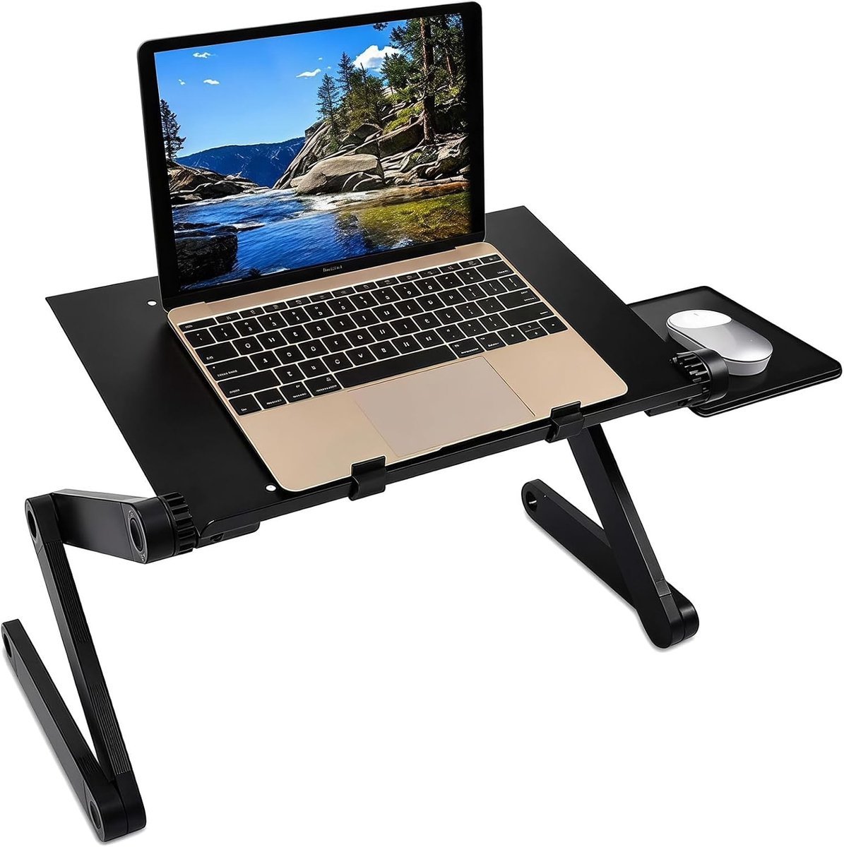 Laptopstandaard met muishouder, notebookstandaard in hoogte verstelbaar, Bed Laptop Stand Laptoptafel Laptophouder Aluminium Opvouwbaar, Zwart
