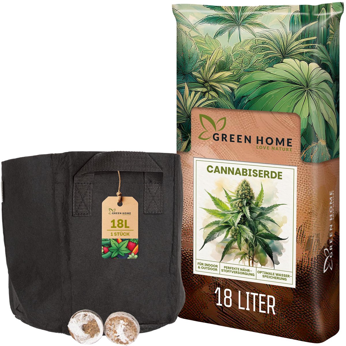 Green Home Love Nature kweek set - kweekgrond 72 liter - 3 kweek zakken 18 liter - 6 coco pluggen