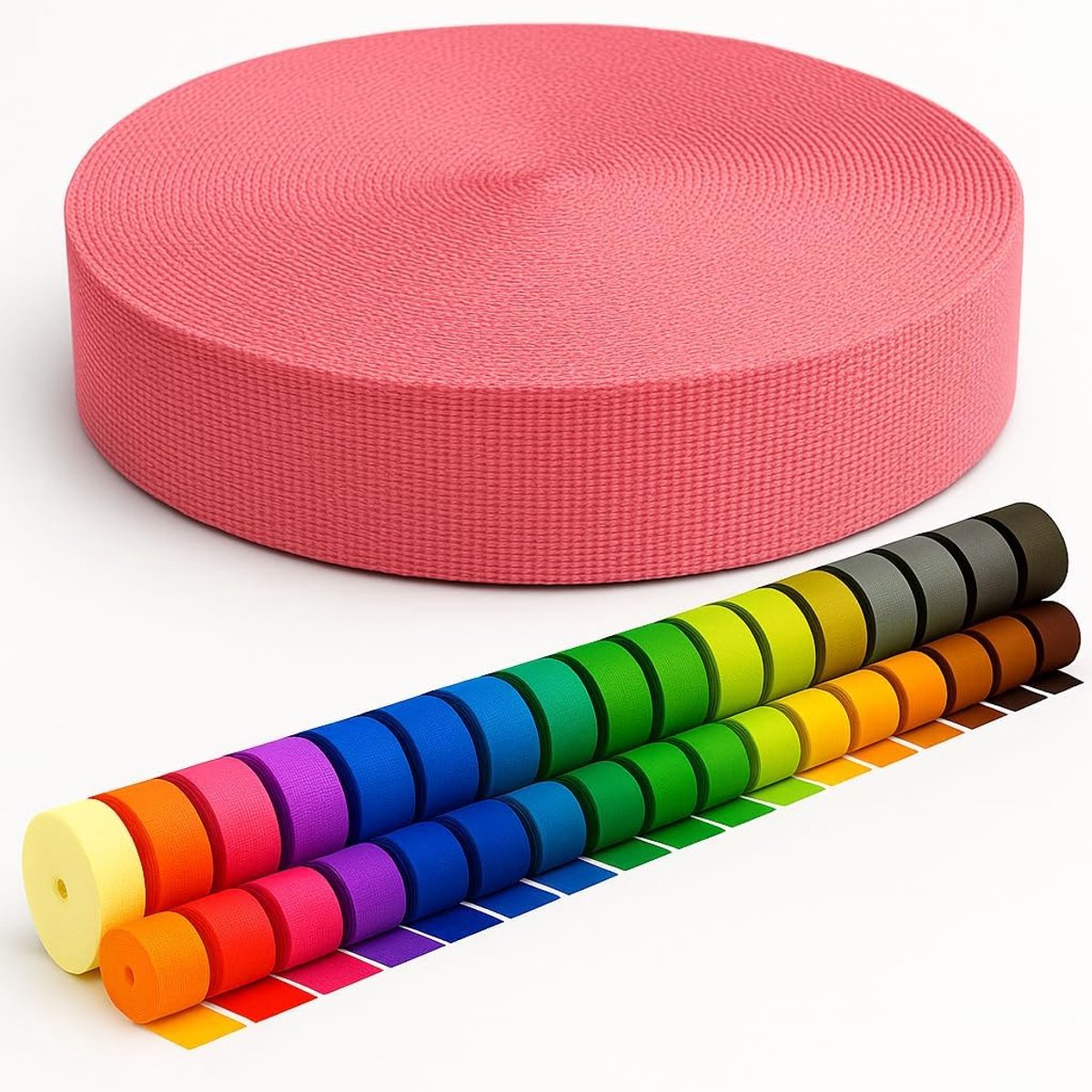 2 m, 5 m, 10 m, 50 m lang, 50 kleuren, breedtes: 10 mm, 15 mm, 20 mm, 25 mm, 30 mm, 40 mm, 50 mm, tasriem van polypropyleen, ideaal voor doe-het-zelfprojecten en handwerk, 335 roze, 25 mm