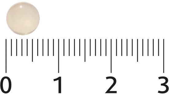 Eén capsule op schaal, van 0 tot 3 cm, met de capsule net onder de 1 cm markering.