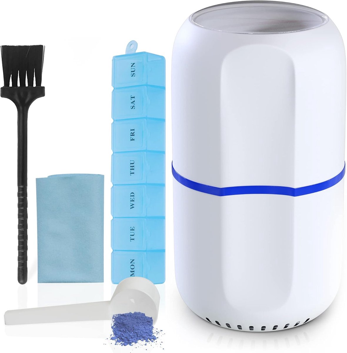pillenvermaler - Fijn poeder elektronische verpulveraar voor kleine & grote medicijnen - Wordt geleverd met pillenorganizer, borstel, lepel, doek & roestvrijstalen messen by Pill Mill