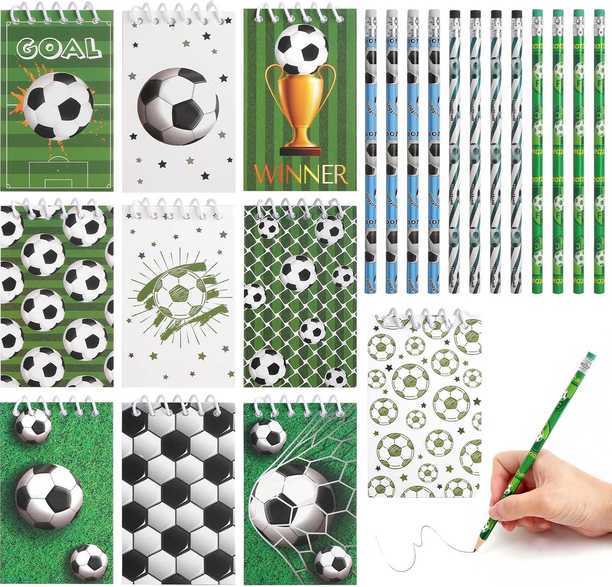 Notitieblokken en 12 potloden, spiraalblok, voetbalschrijfset voor school, kinderen, verjaardagscadeau, feestset