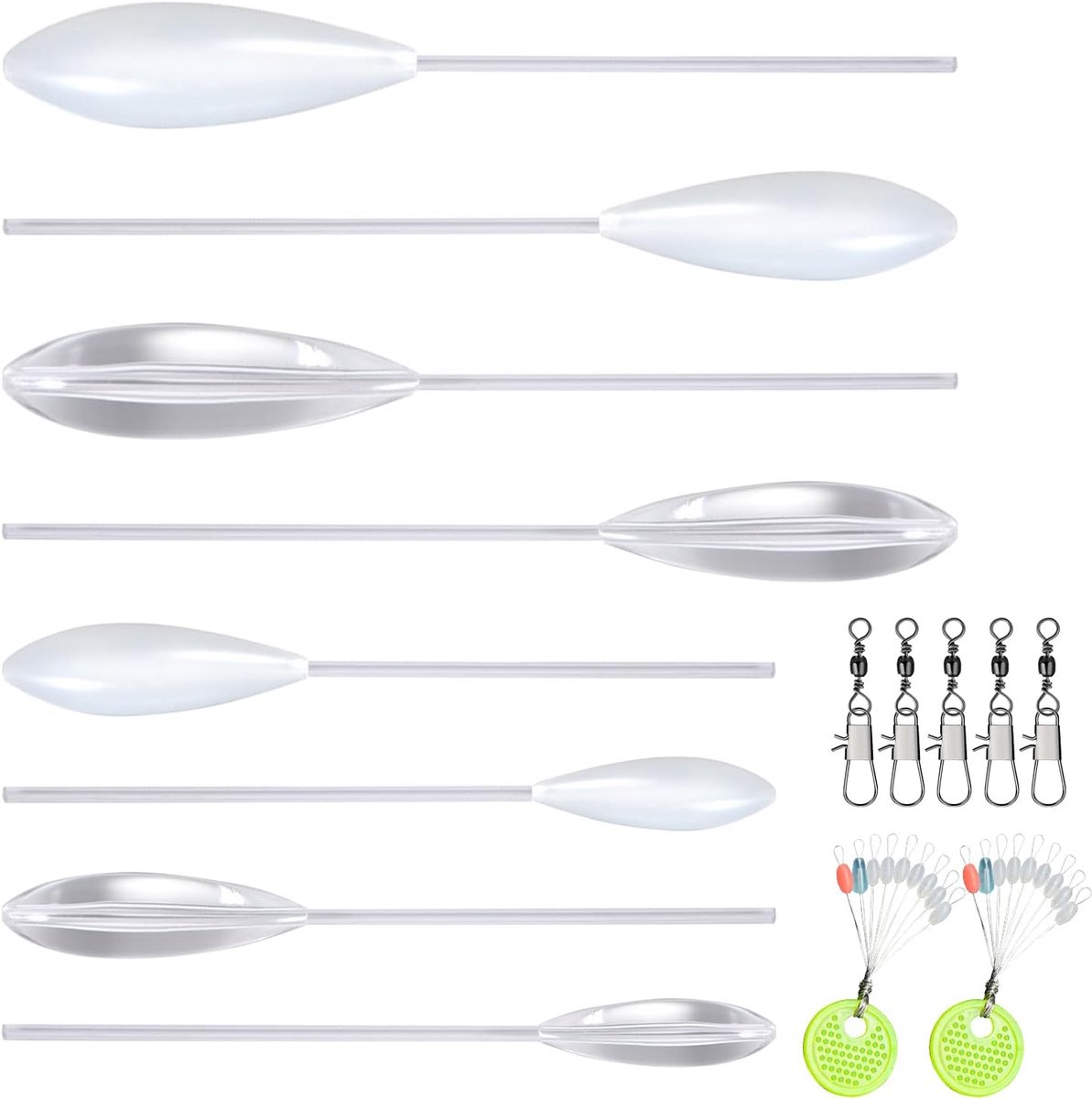 Forelset, 8 stuks, 4 x Sbirolino drijvend 4 x Spirolino zinkend 8 g, 10 g, 15 g, 20 g en drievoudige wervel vissen, kleine lijnstoppers Sbirolino forelset, Sbirolino set