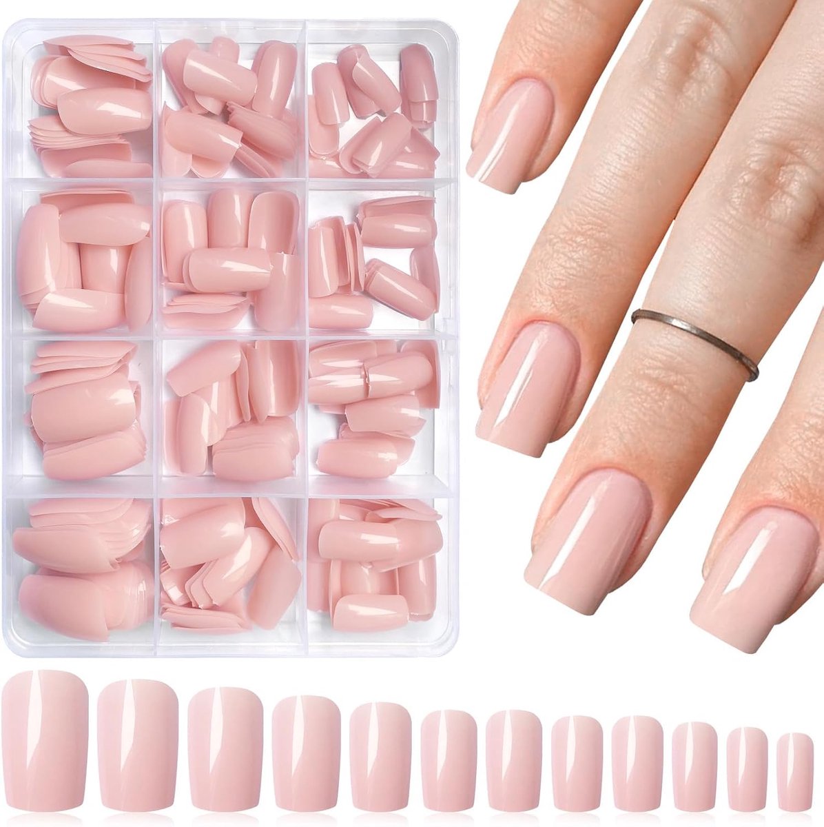 240 Delige Nude Gedrukte Nagels Medium Vierkant Kunstmatige Nagels Volledige Bedekking Glanzende Valse Nagels Set voor Vrouwen Meisjes Manicure Decoratie Herbrui
