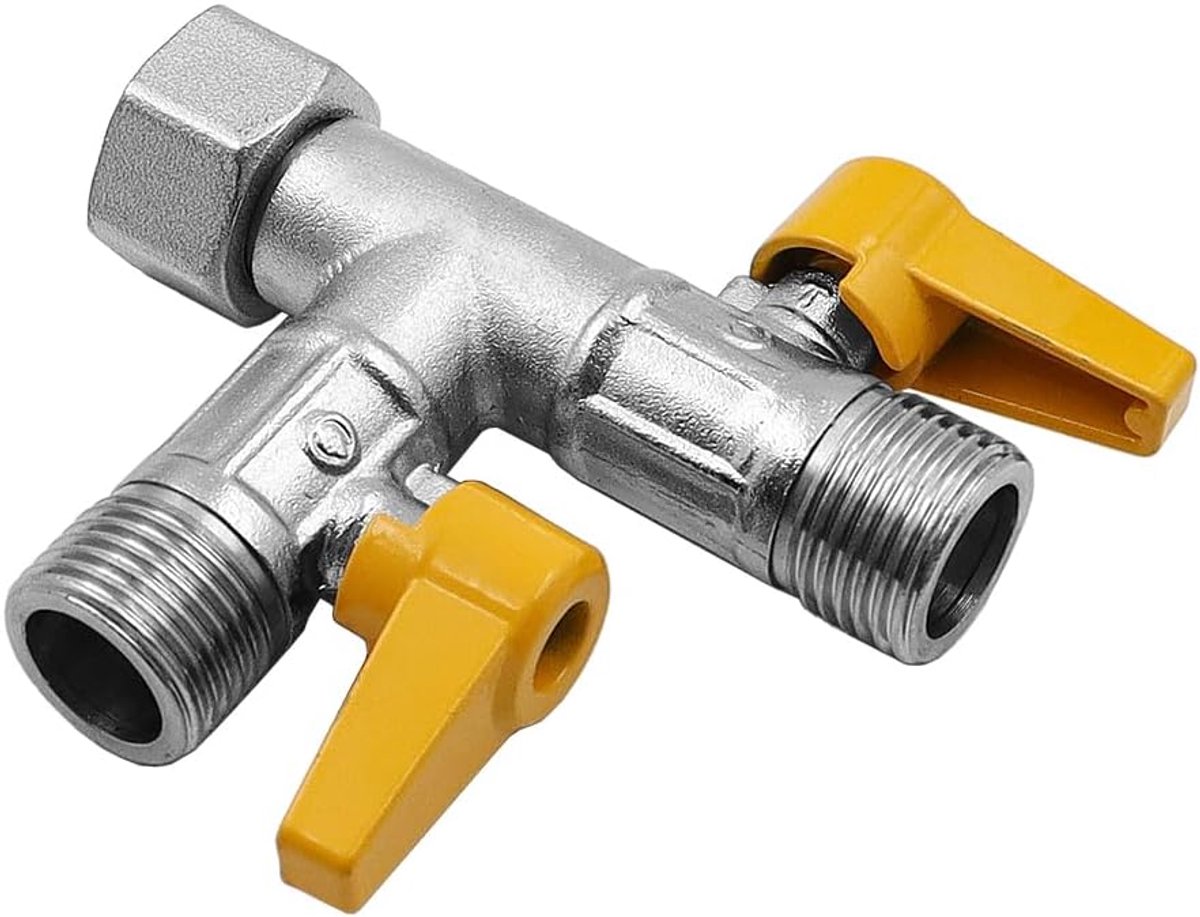 T-verdeler 1/2 inch van messing met 2 draaischakelaars, 3-weg omschakelventiel messing, afdichtingen voor dubbele wastafel