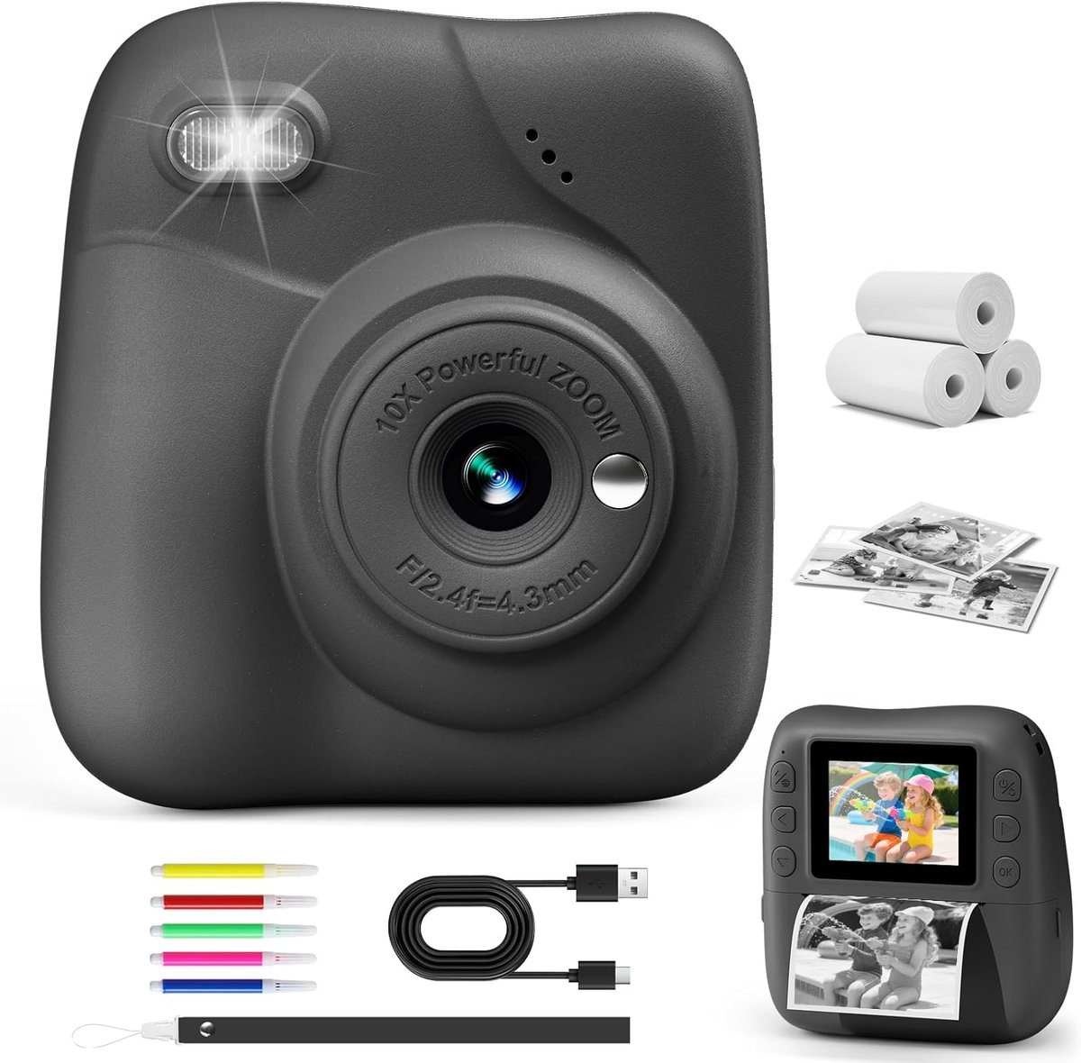 Instant kindercamera, 1080p instant camera voor kinderen, met 32 GB kaart en 3 rollen printpapier, 48 MP digitale camera, cadeau voor jongens en meisjes van 3 - 12 jaar, zwart