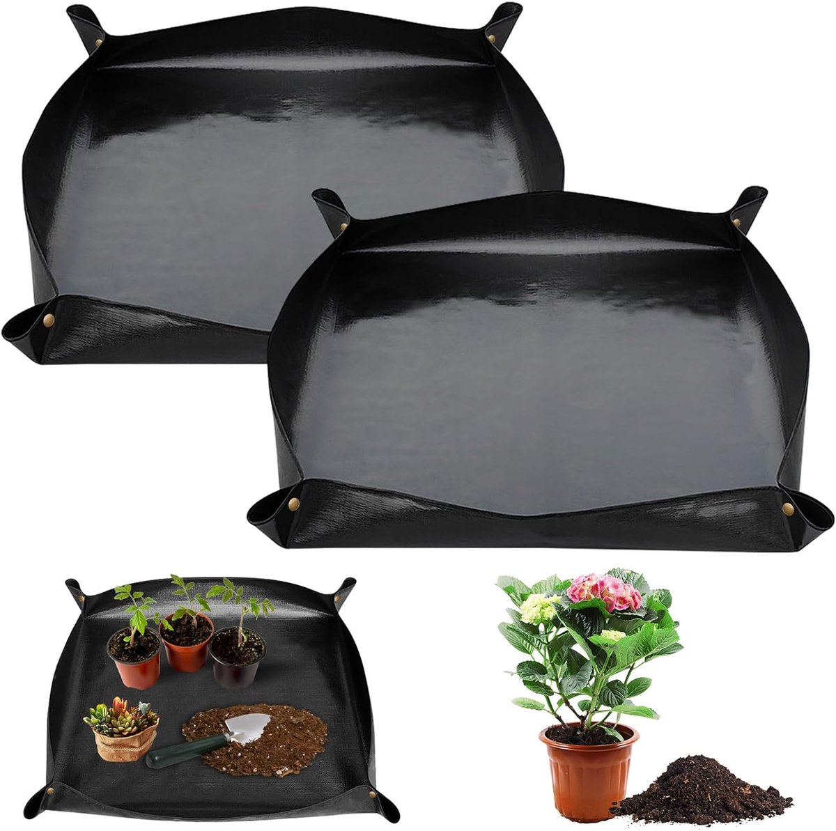 2 stuks waterdichte plantenmatten, 100 x 100 cm, PE tuinmat plantenmat | opvouwbare plantenonderlegger, anti-lekkage design, zwarte plantenonderlegger voor verpotten, vetplanten, zaailing, zwart