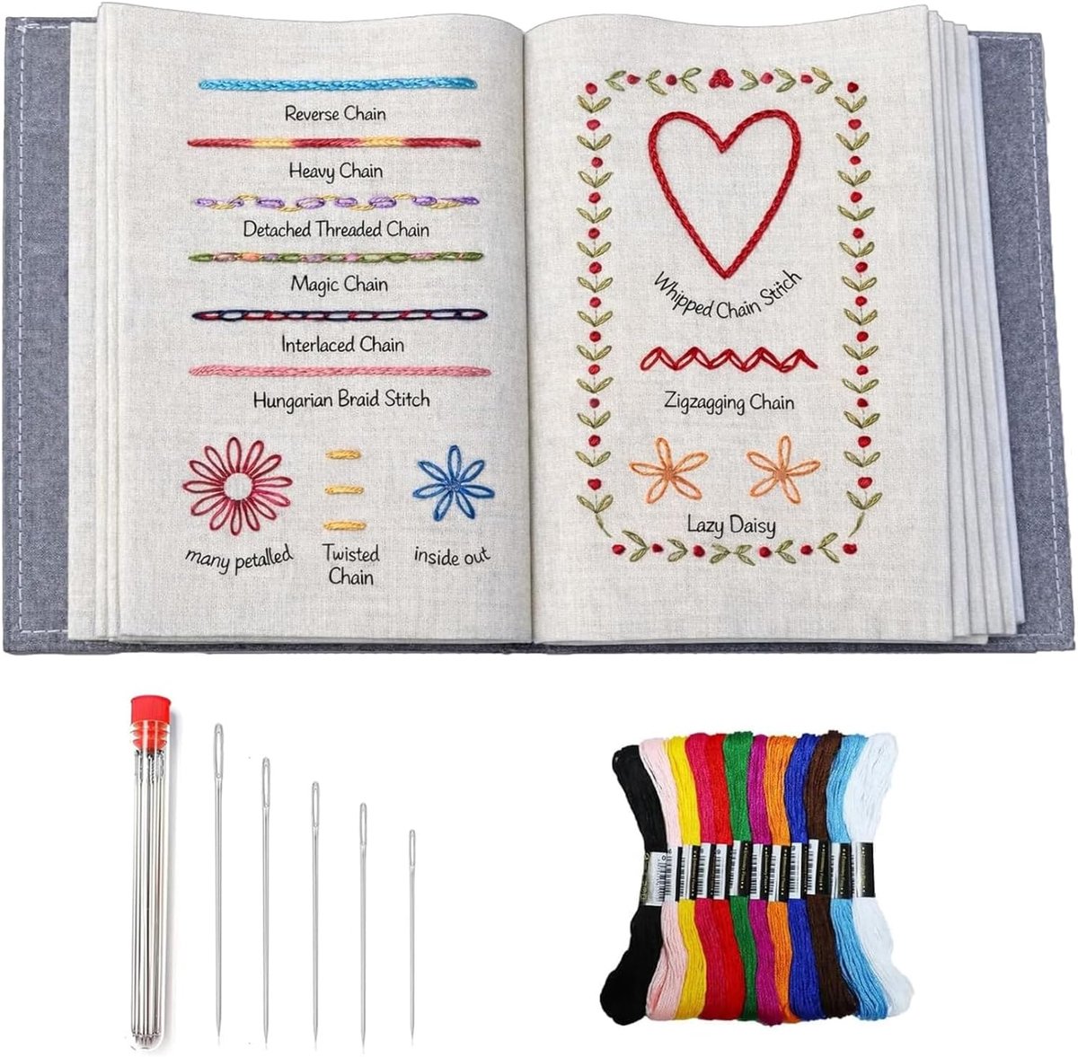 Borduurset voor volwassenen voor beginners, borduurboek om zelf te maken, borduurboek, draagbaar, doe-het-zelf borduurpatroon boek met gereedschap en handleiding, borduurset voor beginners en