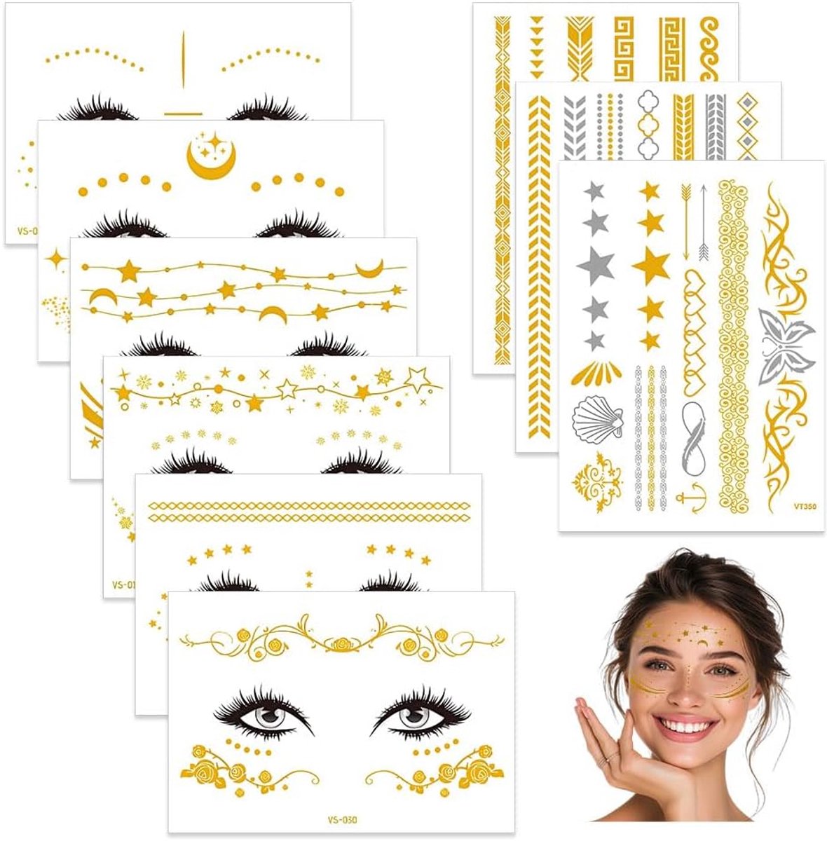 9 stuks gezichtstatoeages, glitter, goud, gezichtstatoeage, stickers, gezicht, carnaval, tijdelijke tatoeages, waterdicht, carnavalsmake-up, stickers voor kostuumbal, feest