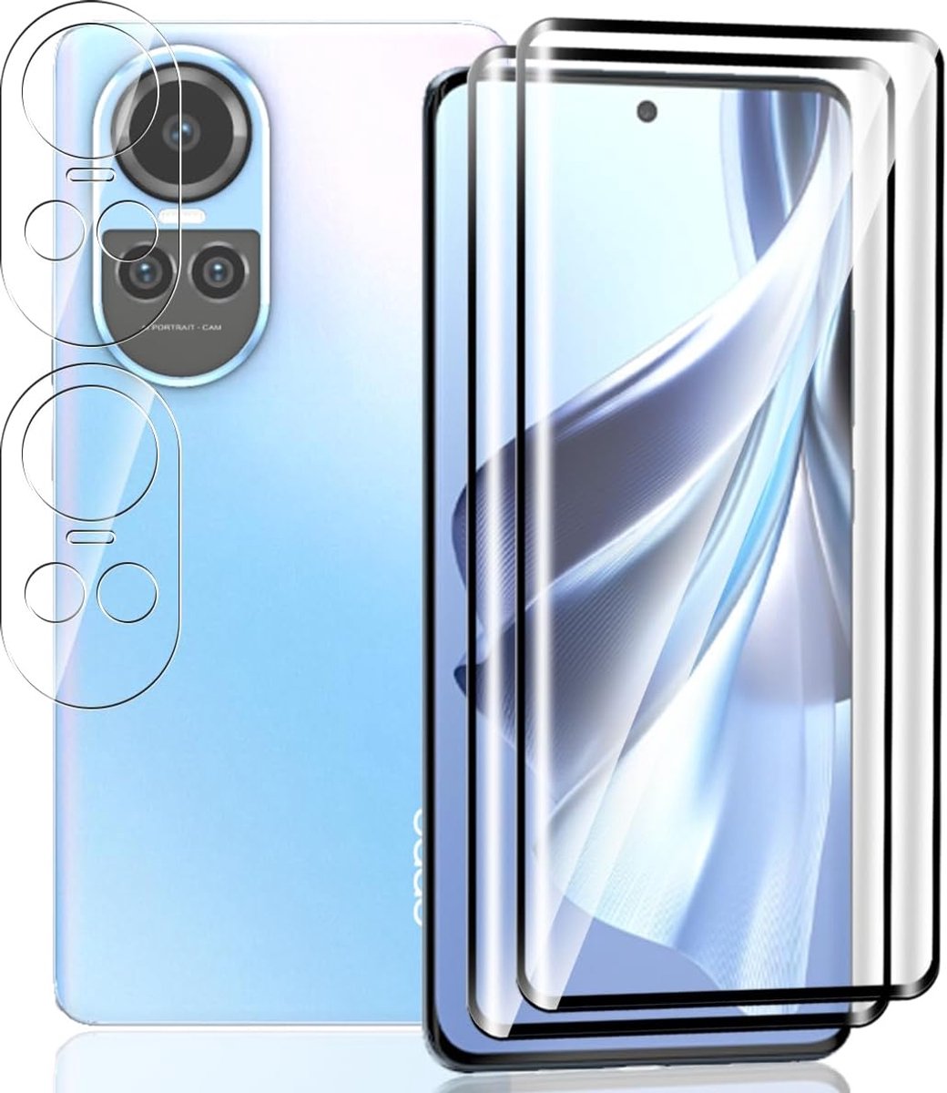 Displaybeschermfolie voor Oppo Reno 10/10 Pro, 2 + 2 stuks, gehard glas, displaybeschermfolie met 9H-hardheid, camerafolie, zonder luchtbellen, schermbescherming voor Oppo Reno 10/10 Pro