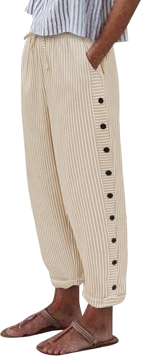 Zomerbroek voor dames met knoop aan de zijkant, elastische tailleband, katoenen broek voor dames, zomer, casual, met zakken en trekkoord, lichte palazzobroek voor op vakantie