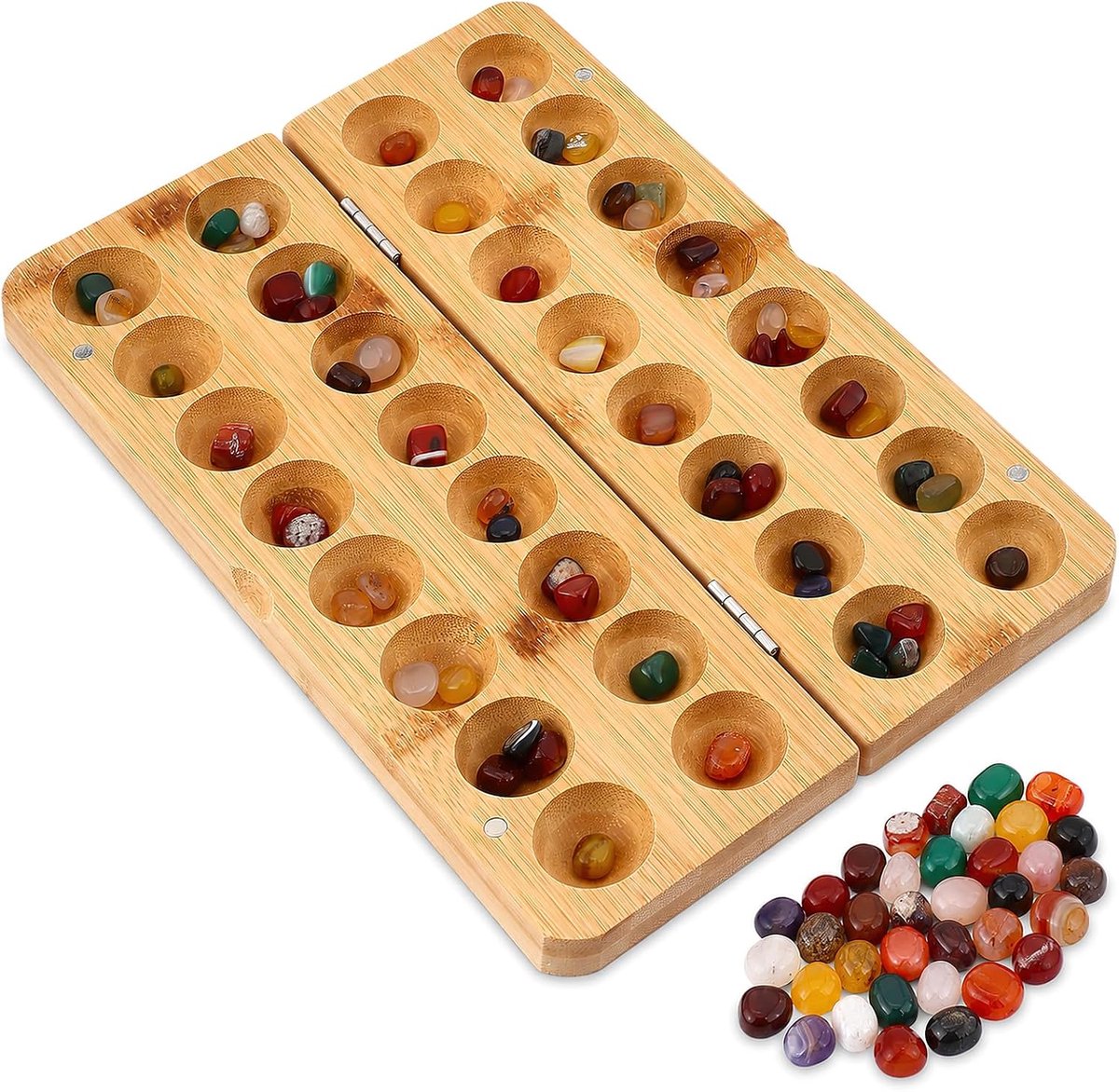 houten stenenspel, mancala spel (Kalaha) met 65 natuurstenen "Regenbloemen, Hus Bao edelsteenspel, boeiend bordspel en strategiespel voor kinderen