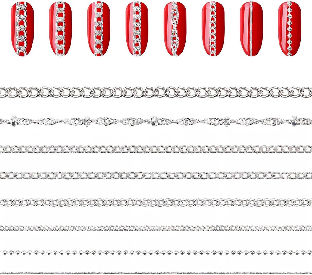 8 stroken nagelkettingen, 3D-nageltip kunst charmes sieraden ornamenten manicure-decoraties van metaal voor DIY productie punk nagels glitter design (zilver)