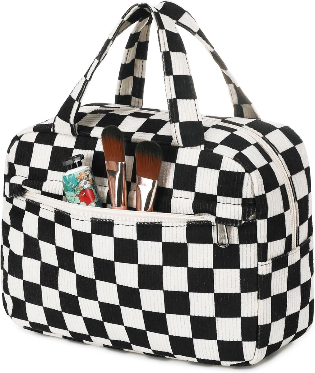 Cosmetische tas met binnenindeling, draaggreep, waterafstotende make-uptas, toilettas van corduroy, uniseks, zwart-wit rooster, modern