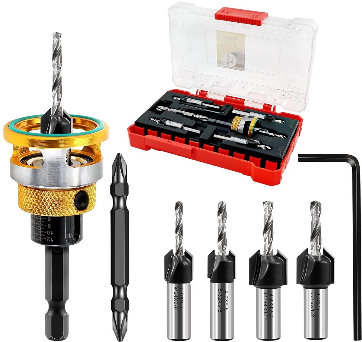 Verzinkboorset - hardmetalen punten met verstelbare diepteaanslag - HSS-kegelboorkop (3,2 mm/3,6 mm/4 mm/4,4 mm/4,8 mm) voor hout, kunststof, houtbewerking - zeskant snelwisselende zeskant