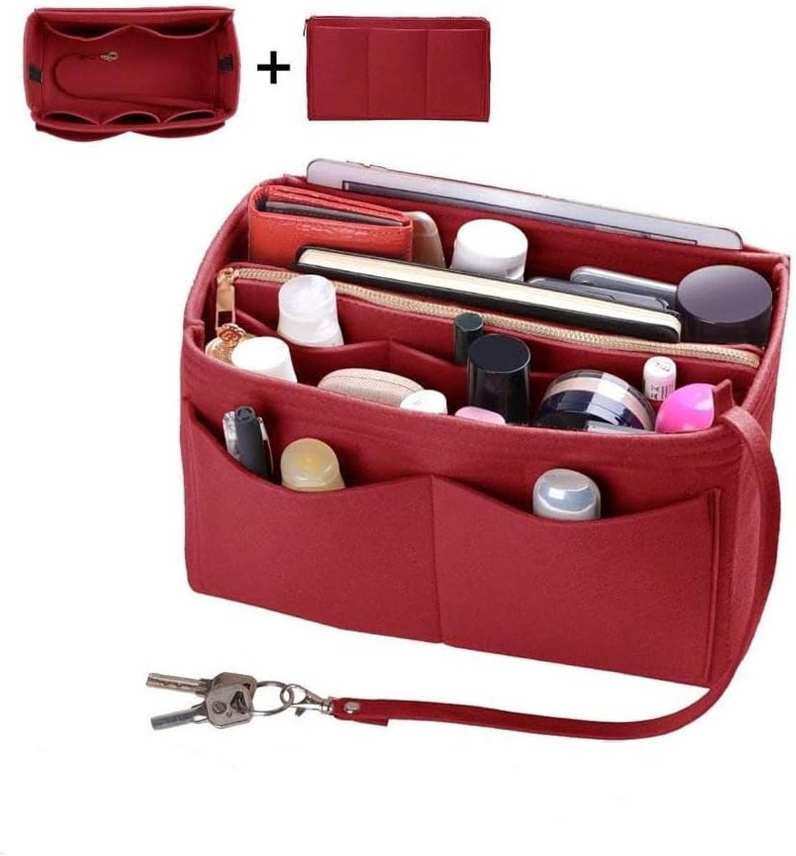 Handtas Organizer - Rode Draagbare Make-up Organizer Tas Met Rits en Sleutelhanger - Multi-Pocket Reizen Toilettas Insert Opbergzakje Voor Tote Bag